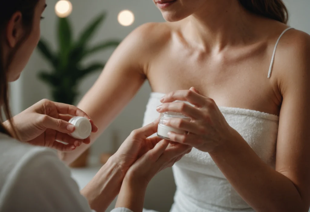 Женщина массирует увлажняющий лосьон