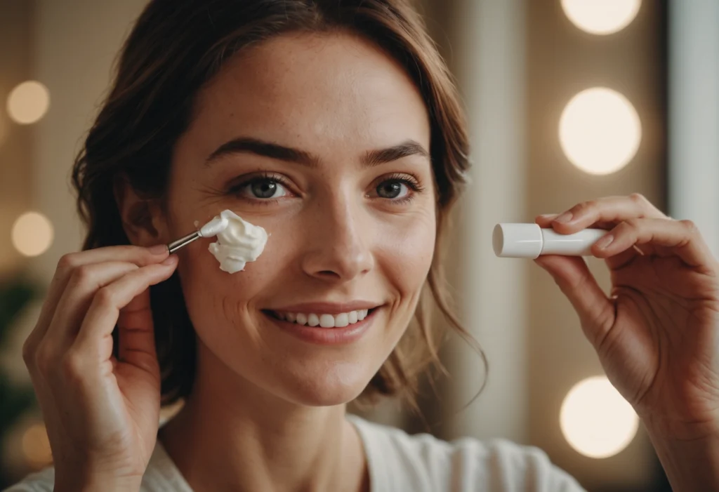 Улыбающаяся женщина наносит крем