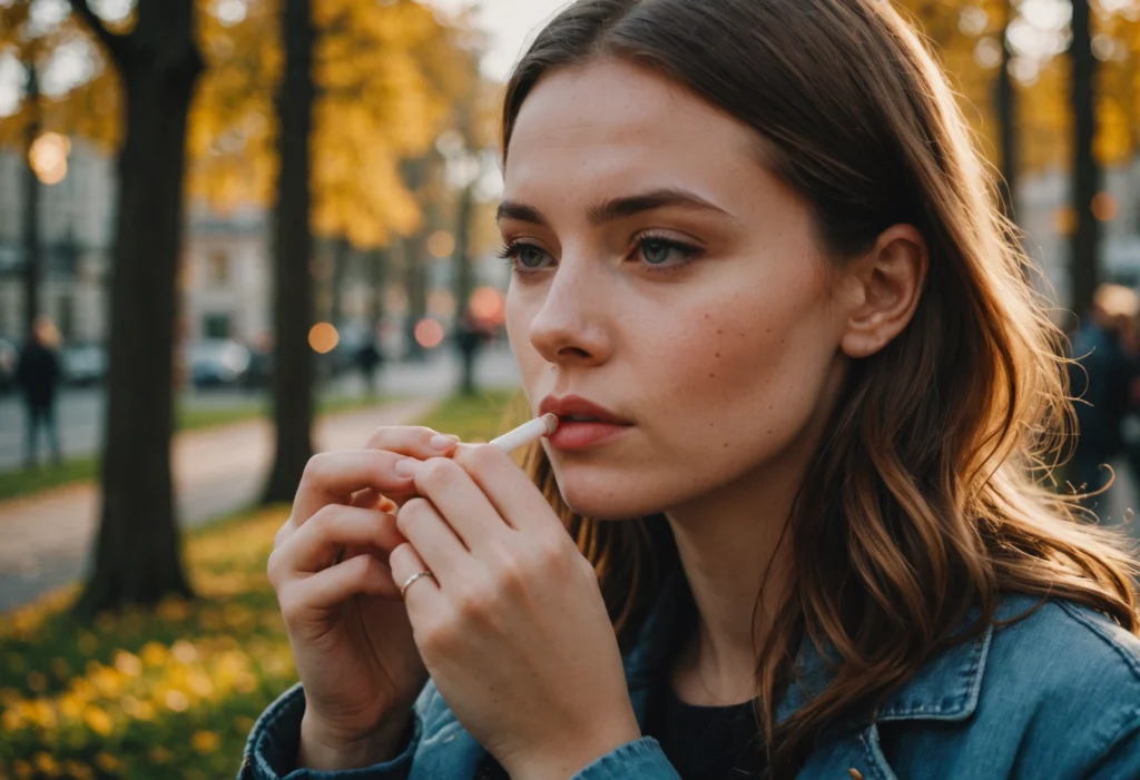 Улыбающаяся девушка наносит бальзам