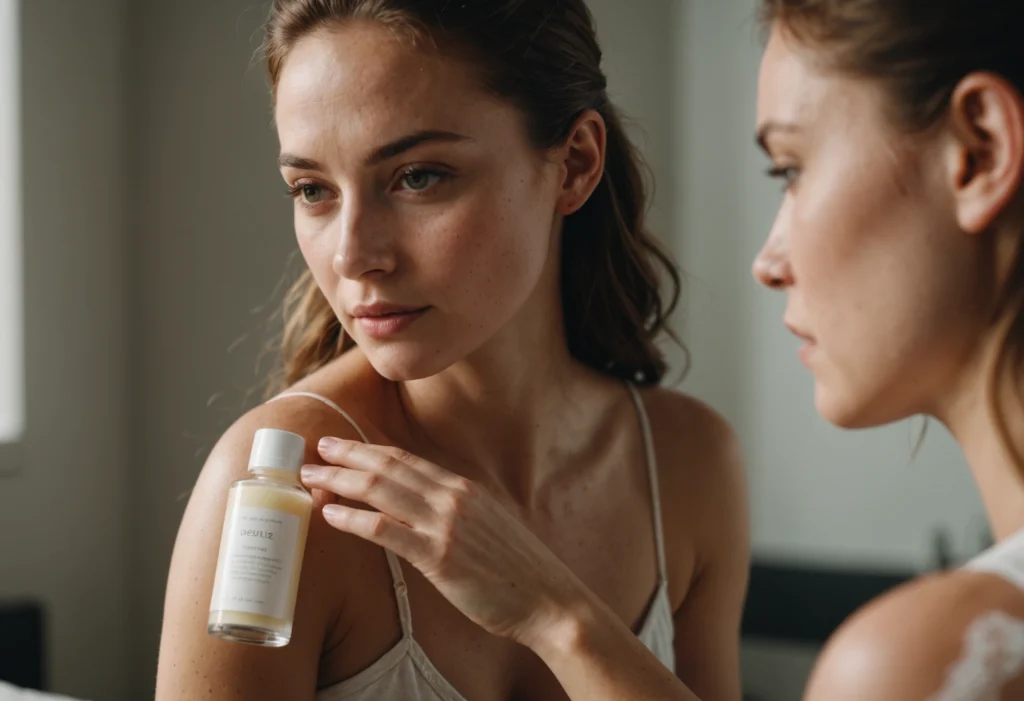 Женщина наносит крем на тело