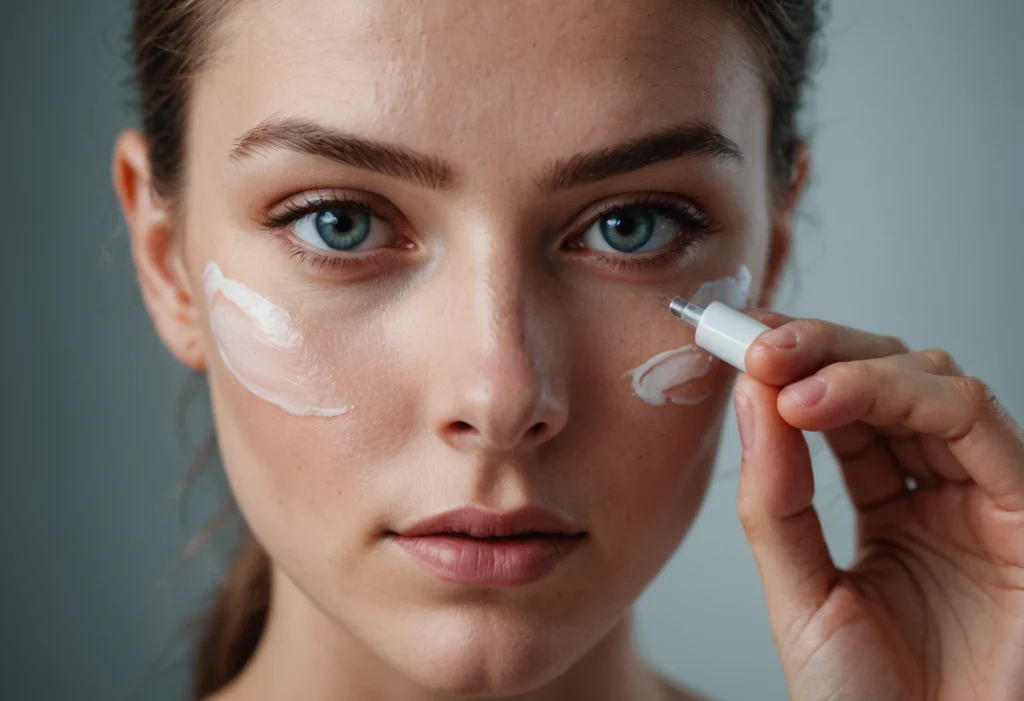 Женщина наносит крем под глаза