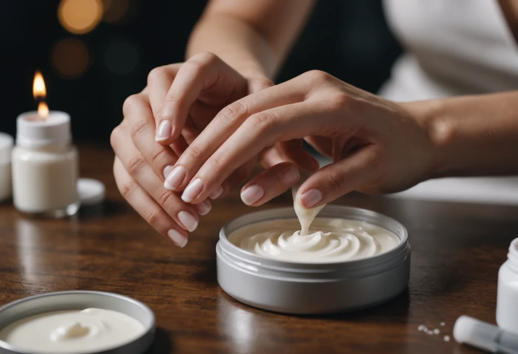 Женщина наносит крем на руки