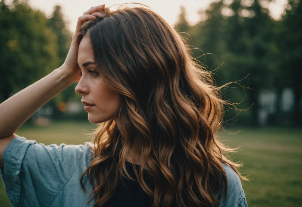 Девушка трогает волосы