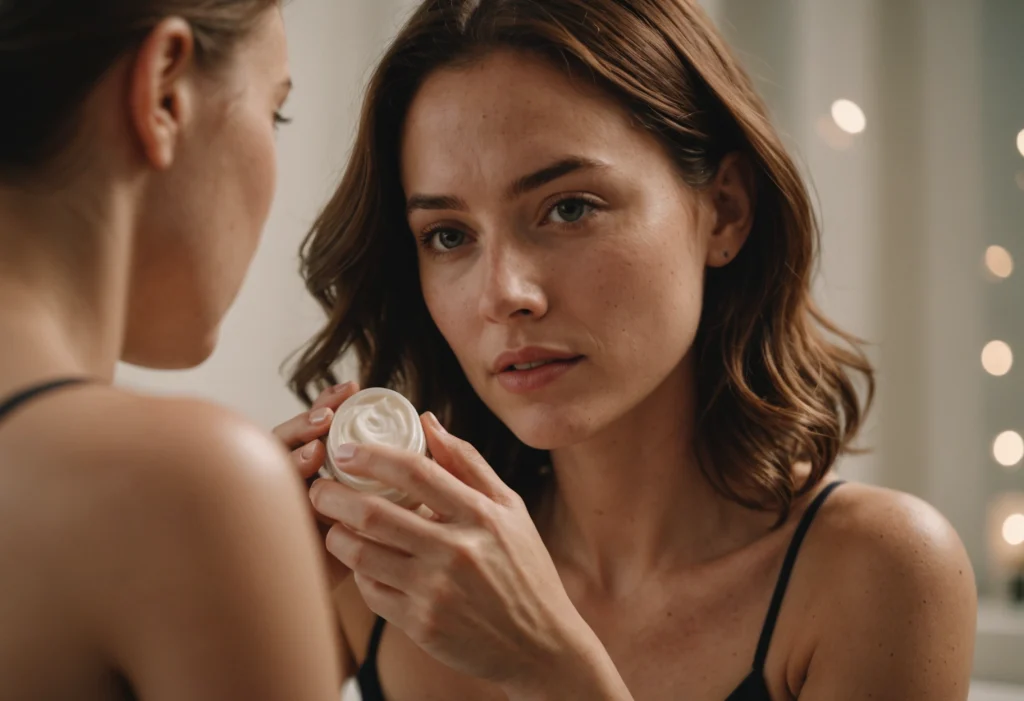 Женщина наносит лосьон